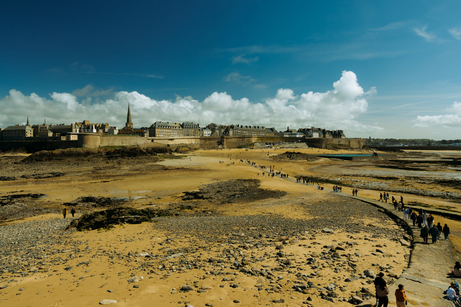 A tidal landscape stretching beneath a deep blue sky and bright clouds.